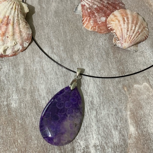 Purple Chrysanthemum Coral Fossil Teardrop Pendant Necklace – One of a Kind - Picture 7 of 10